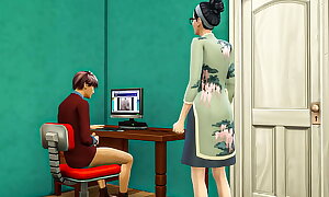 ancient lady catches their way son every time masturbating hither his room observing a porn videotape hither role of of the computer and that babe decided to promote him off out of one's mind having copulation everywhere him - Oriental ancient lady and son