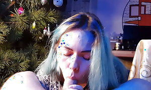 cute asian girl eats cum further down the Christmas tree new year 2023